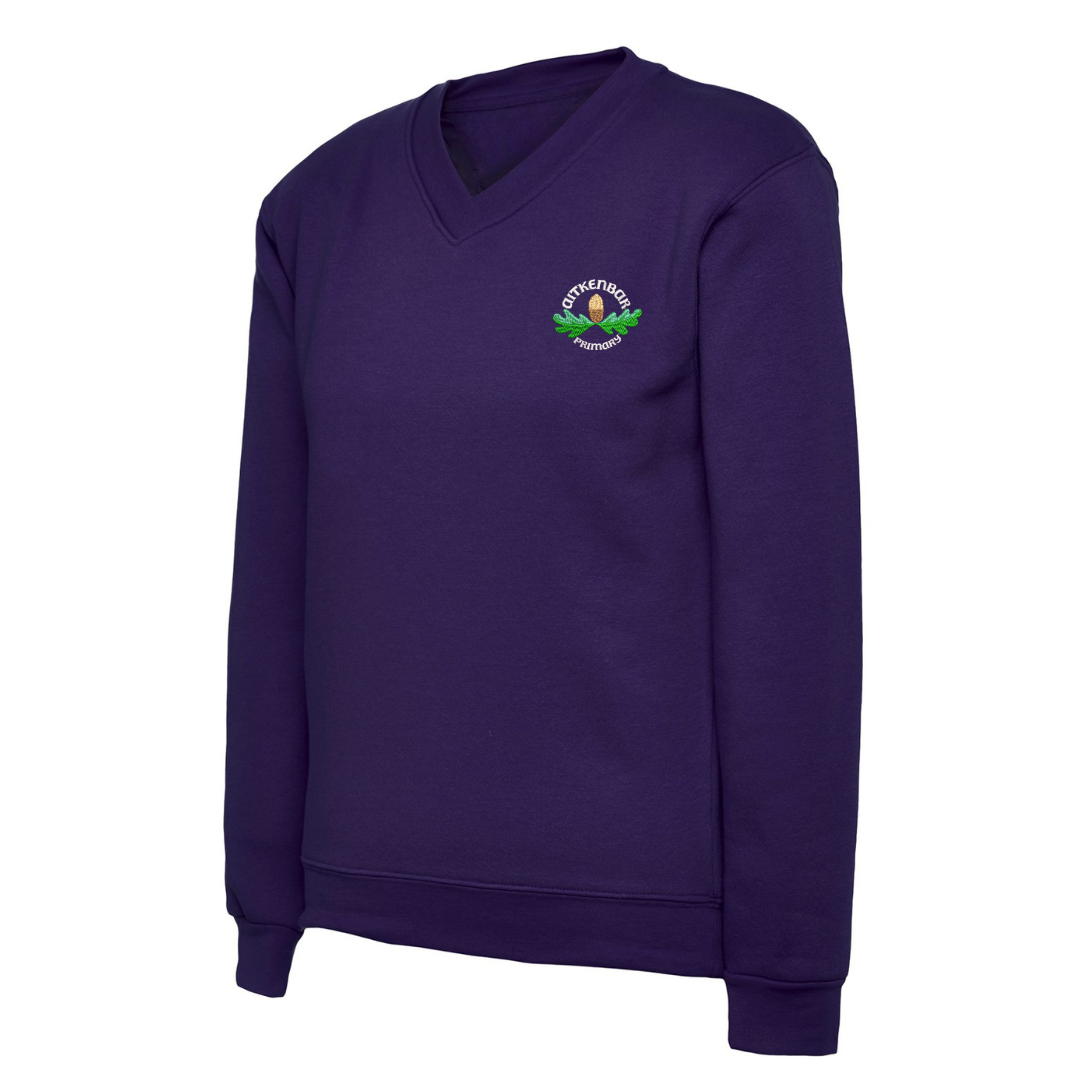 Aitkenbar Primary School Classic V- Neck Sweatshirt Purple with logo (EMB)