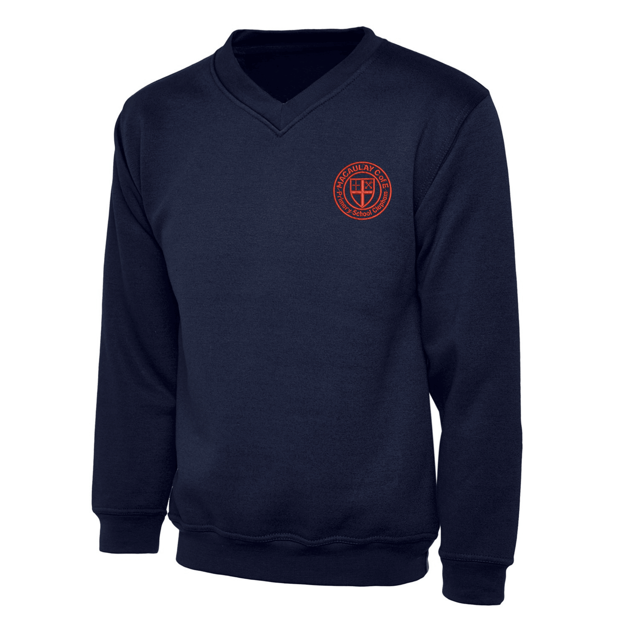 Macaulay School V Neck Sweatshirt with logo (EMB)