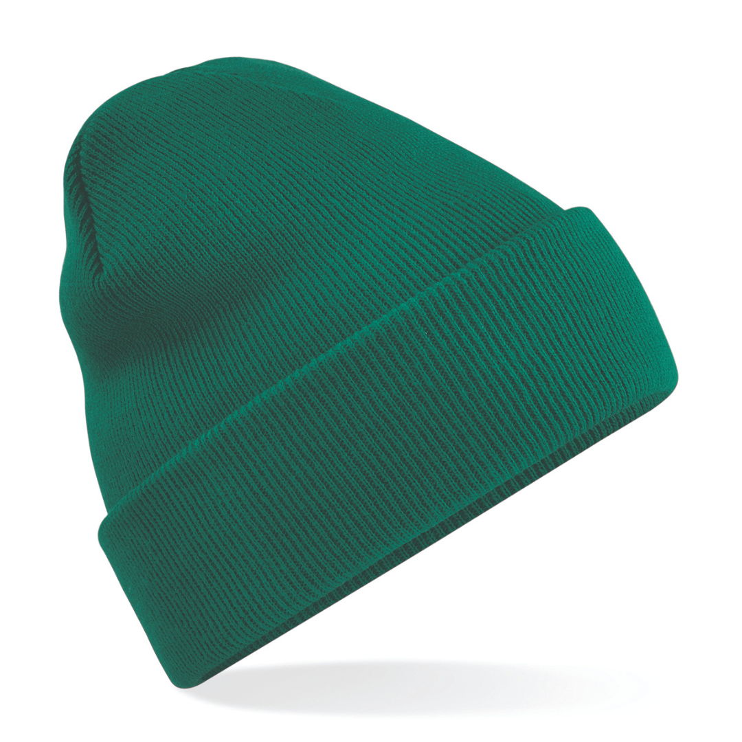 St Peters Buckie, Knitted Hat in Bottle Green with logo (EMB)