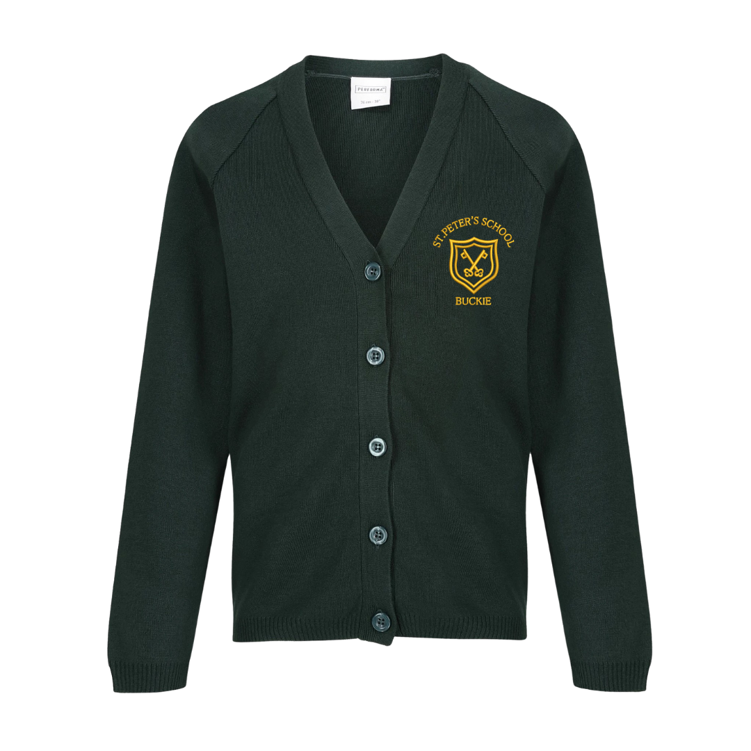St Peters Buckie, Knitted Cardigan in Bottle Green with logo (EMB)
