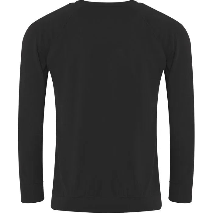 Black long sleeve raglan sweatshirt back view, casual athletic style
