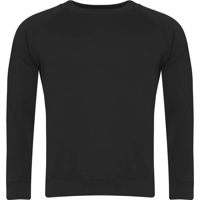 Black raglan sleeve sweatshirt with crew neck and plain back, unisex casual wear