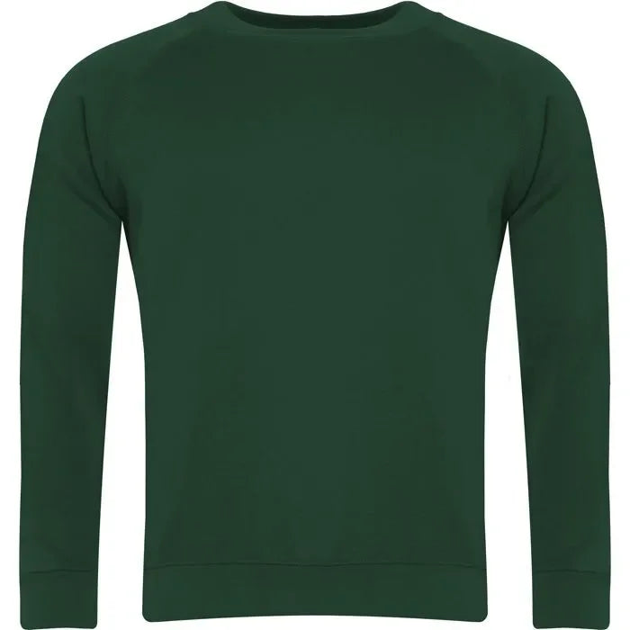 bottle green raglan sweatshirt with crew neck and long sleeves, front view