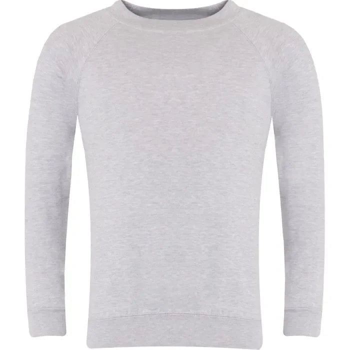 light grey raglan sweatshirt with long sleeves and crew neck, plain front