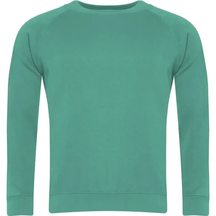 jade green raglan sweatshirt with long sleeves and crew neck on white background