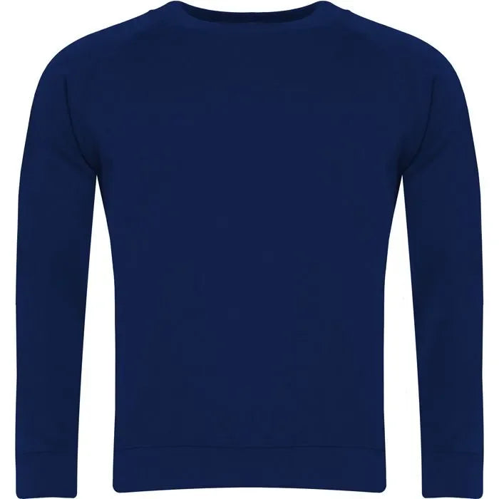 Back view of navy blue raglan sweatshirt with long sleeves and crew neck