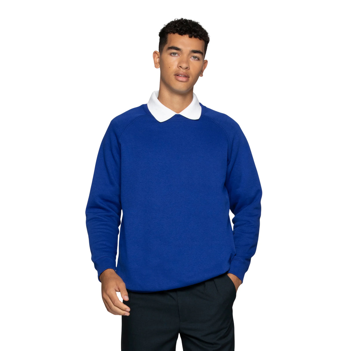 Man wearing royal blue crewneck sweater over white shirt, casual fashion on white background
