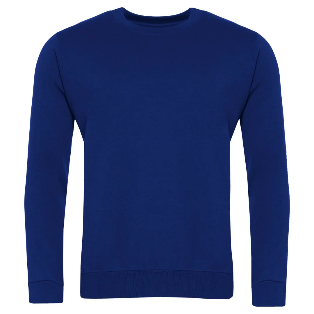 plain royal blue crewneck sweatshirt with long sleeves front view