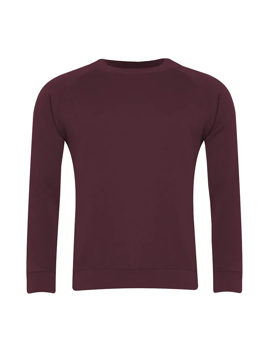Burgundy crew neck sweatshirt with long sleeves, plain front, unisex casual style