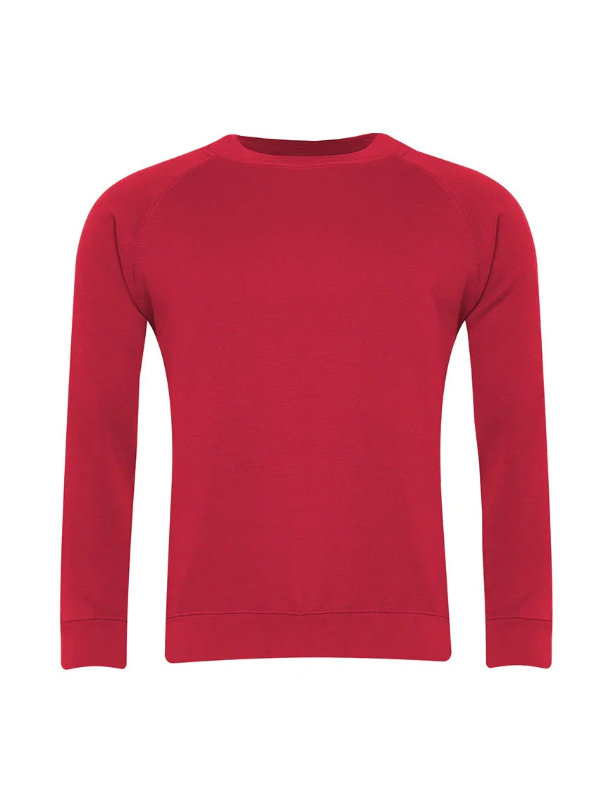 Classic red crew neck sweatshirt with long sleeves, plain cotton design