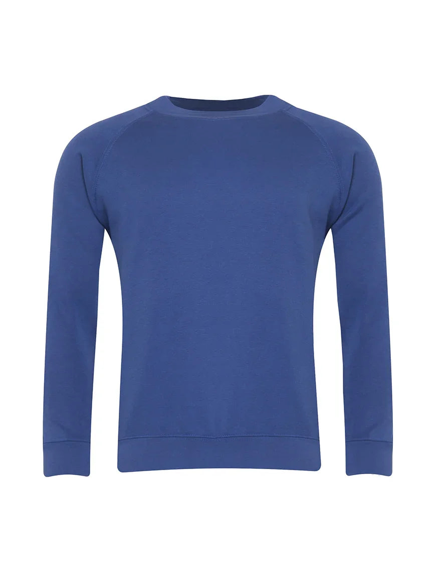 plain blue crew neck sweatshirt with long sleeves, front view on white background