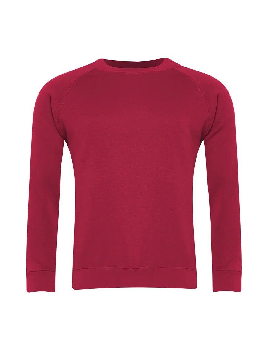 Red crew neck long sleeve sweatshirt on white background