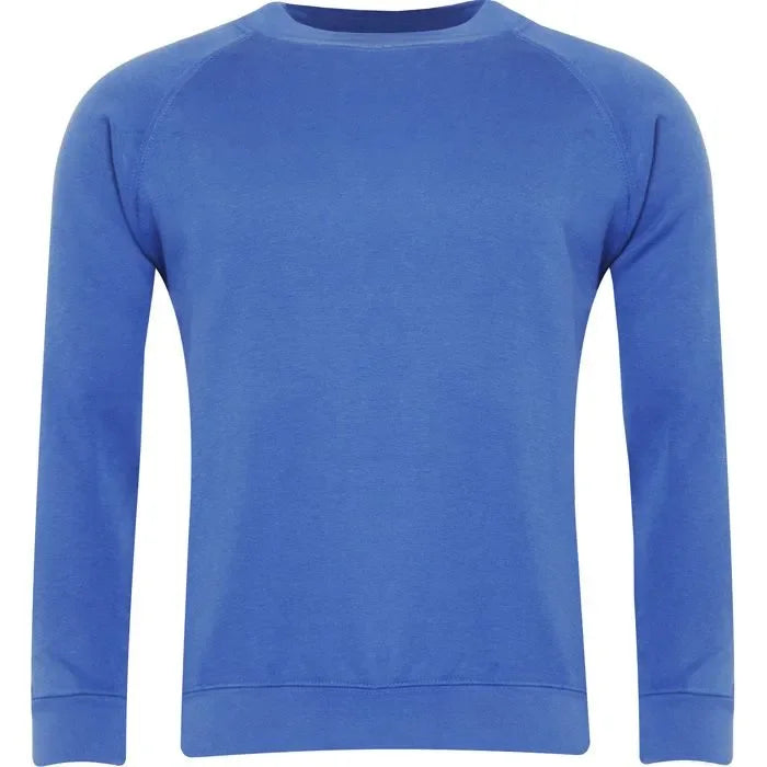 Light royal blue classic crew neck sweatshirt with long sleeves on white background