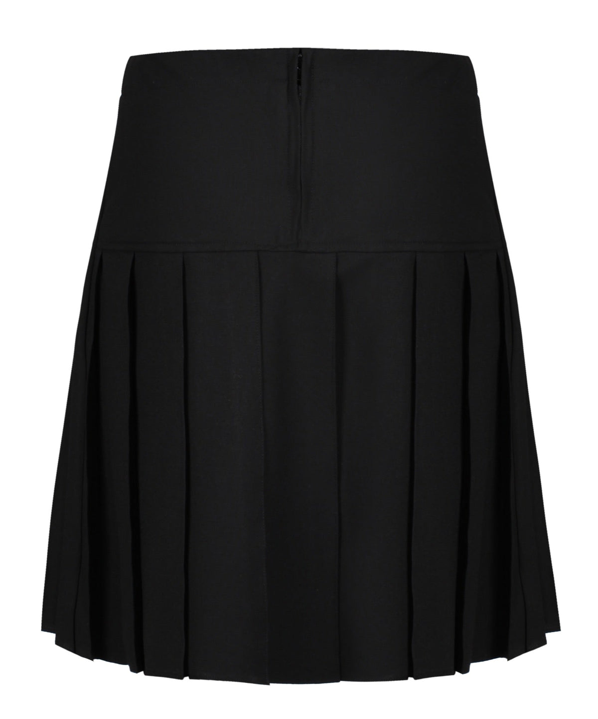 Black senior pleated school skirt with deep waistband, detail view