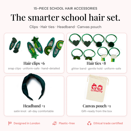 Green School Hair Clips, Bobble Hair Ties, Headband & Bag | The Gift Set