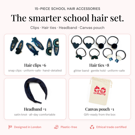 Navy Blue School Hair Clips, Bobble Hair Ties, Headband & Bag | The Gift Set