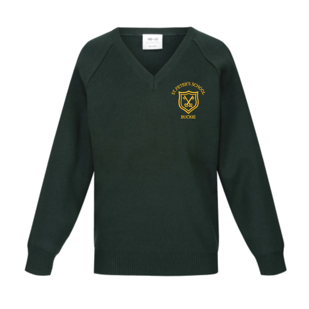 St Peters Buckie, V-Neck Pullover in Bottle Green with logo (EMB)