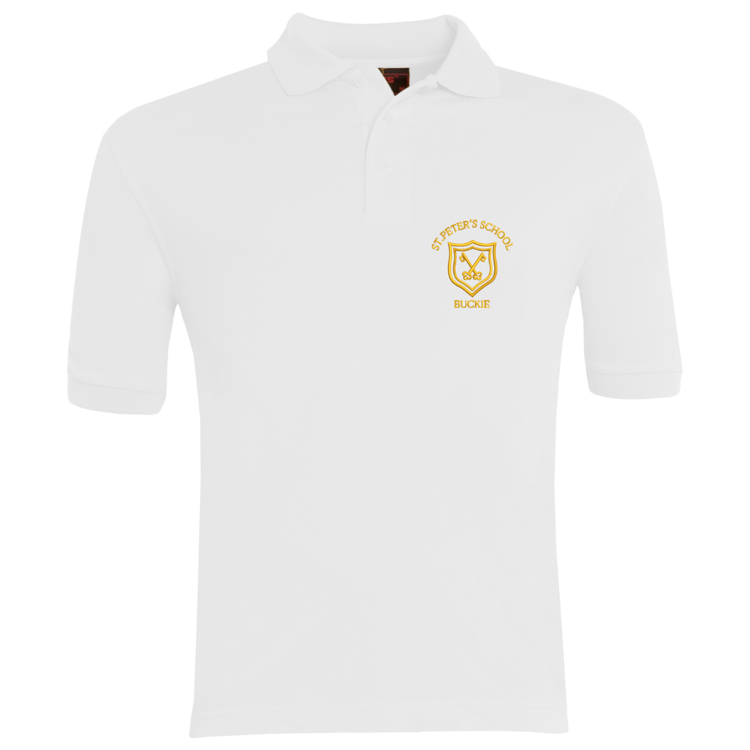 St Peters Buckie, Classic Polo Shirt in White with logo (EMB)
