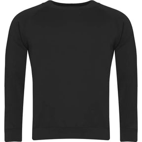 Black raglan sleeve sweatshirt with crew neck and plain back, unisex casual wear