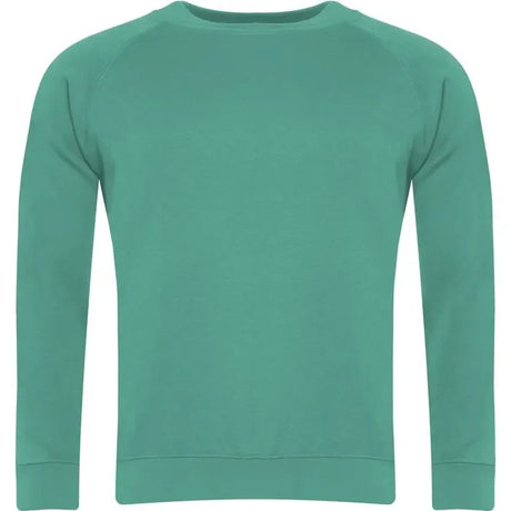 jade green raglan sweatshirt with long sleeves and crew neck on white background