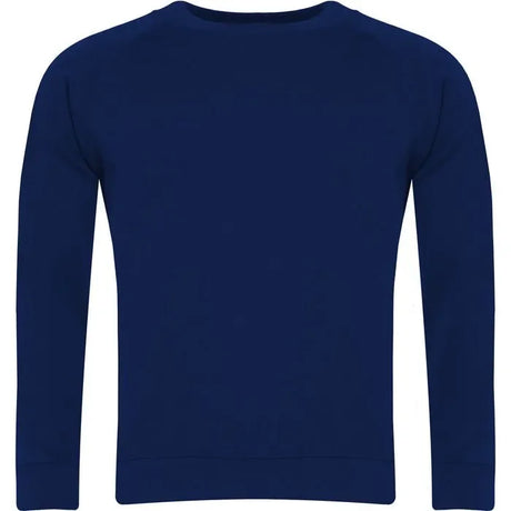 Back view of navy blue raglan sweatshirt with long sleeves and crew neck