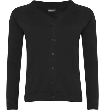 Black V-neck button-up cardigan with long sleeves and ribbed cuffs