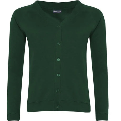 Classic bottle green V-neck cardigan with long sleeves and front button closure
