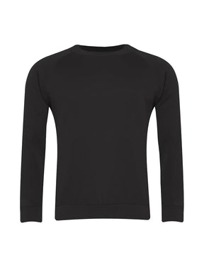 Black crew neck sweatshirt with long sleeves, plain design, front view