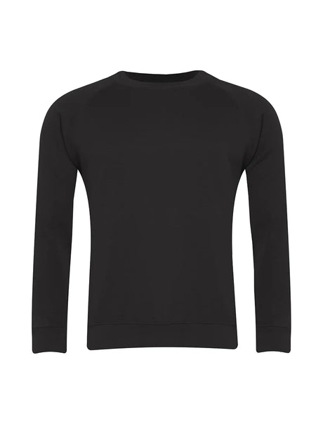 Black crew neck sweatshirt with long sleeves, plain design, front view