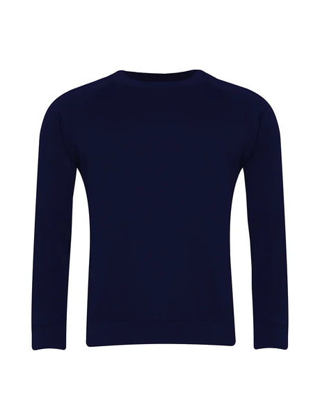 Plain navy blue long sleeve crew neck sweatshirt on white background