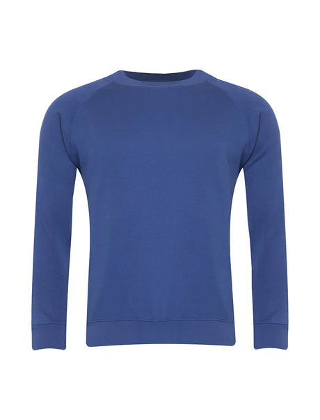 plain blue crew neck sweatshirt with long sleeves, front view on white background