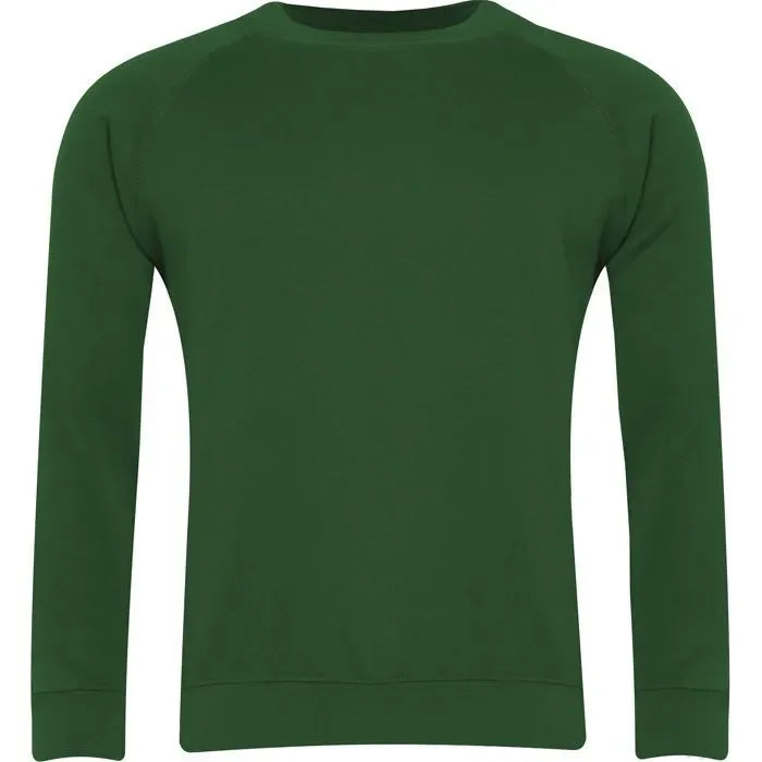 Forest green classic crew neck sweatshirt with long sleeves, plain front view
