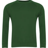 Forest green classic crew neck sweatshirt with long sleeves, plain front view
