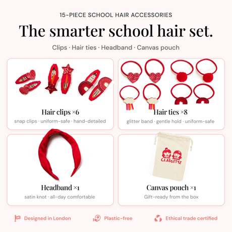 Red School Hair Clips, Bobble Hair Ties, Headband & Bag | The Gift Set
