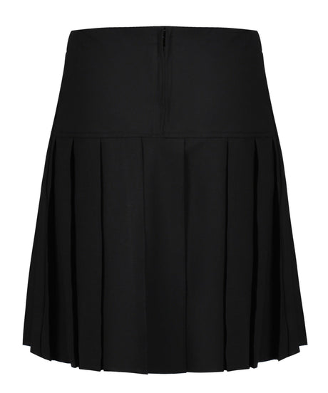 Black senior pleated school skirt with deep waistband, detail view